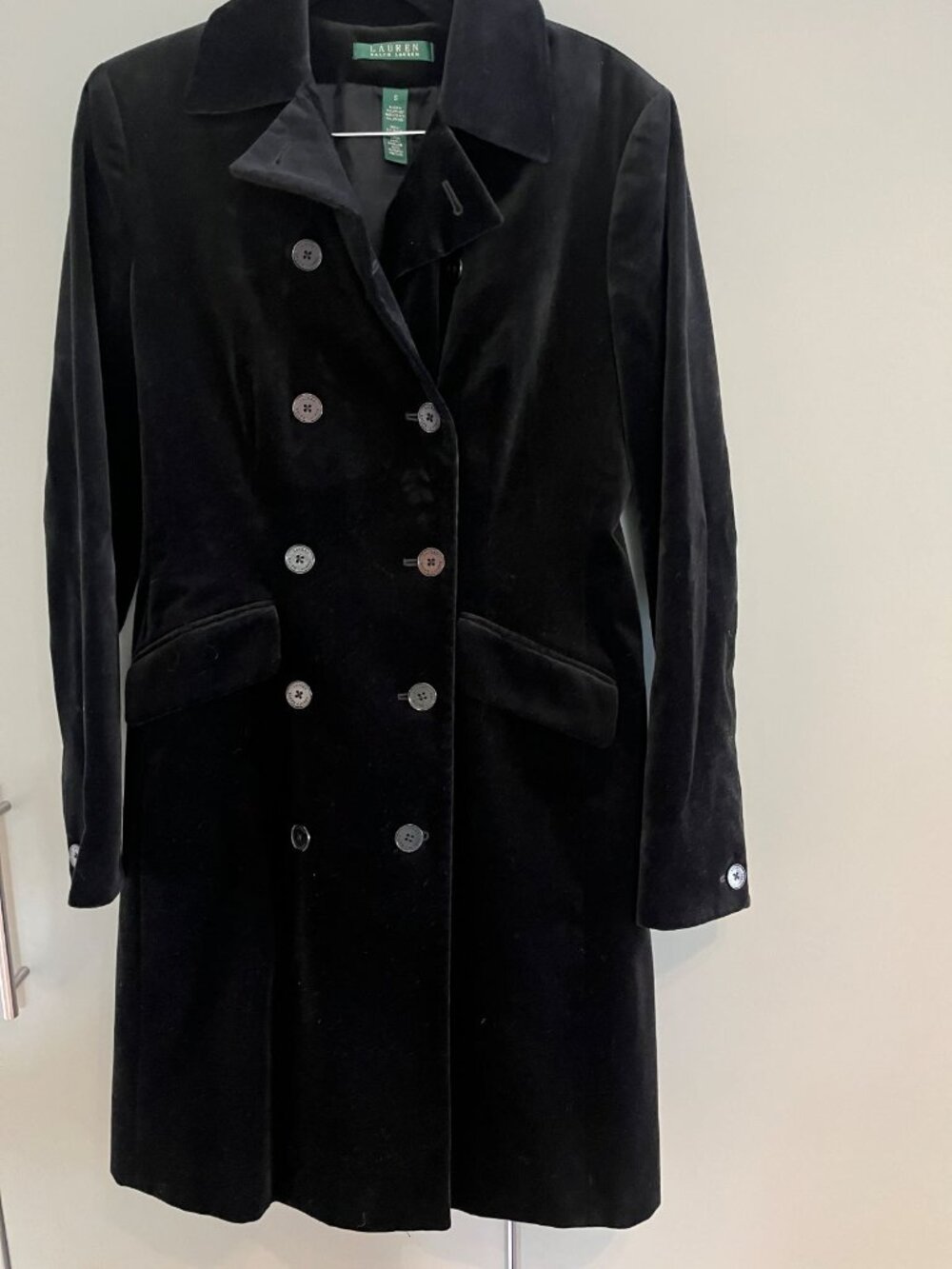 Classic Lauren Ralph Lauren Black Velvet Double Breasted Long Coat SZ Small EUC